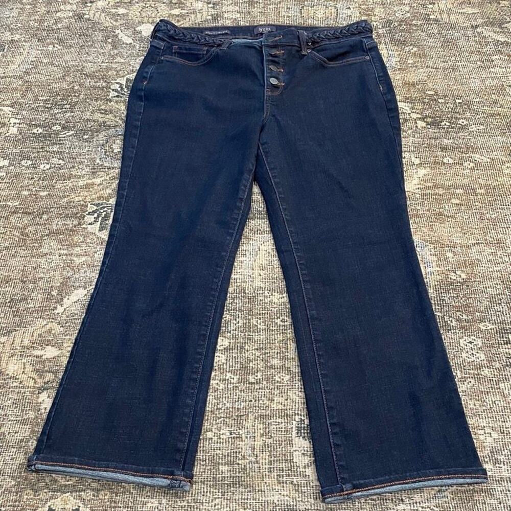 NYDJ Marilyn Straight Jeans Womens Size 12 Dark Wash Lift Tuck Braided Waist